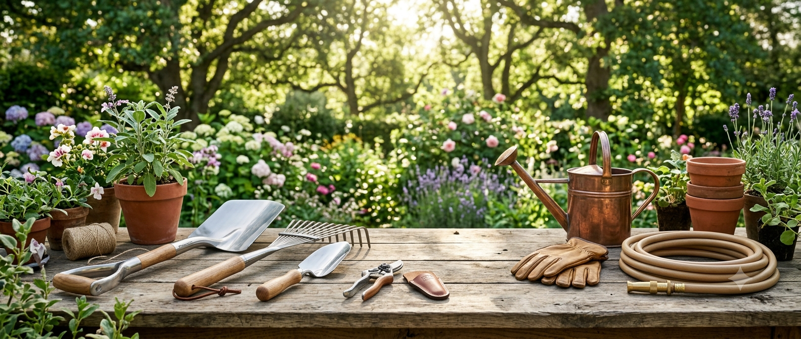 Beautiful garden with outdoor plants and garden tools